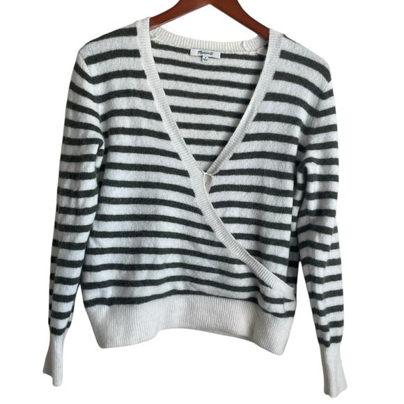Madewell Tops - Madewell Sweater Women M Gray Stripe Wrap Bodice Cozy Warm Contemporary Gorpcore